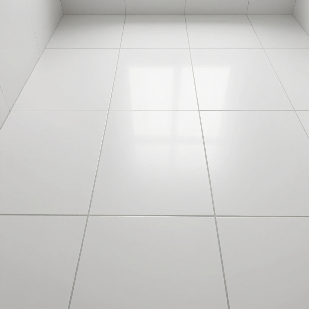 Empty white tiled room with glossy floor and walls, viewed from a corner.