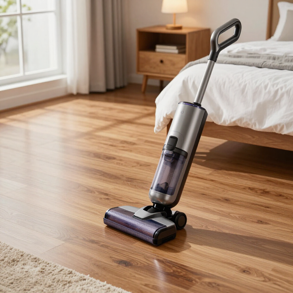 Cordless vacuum cleaner on a hardwood bedroom floor beside a bed and nightstand