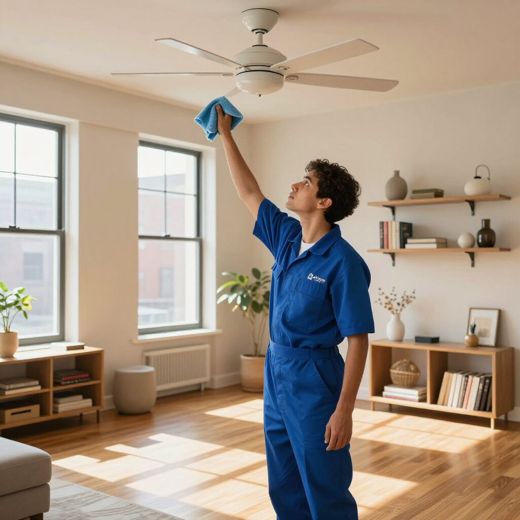 Person in blue work uniform wiping a ceiling fan in a sunlit living room