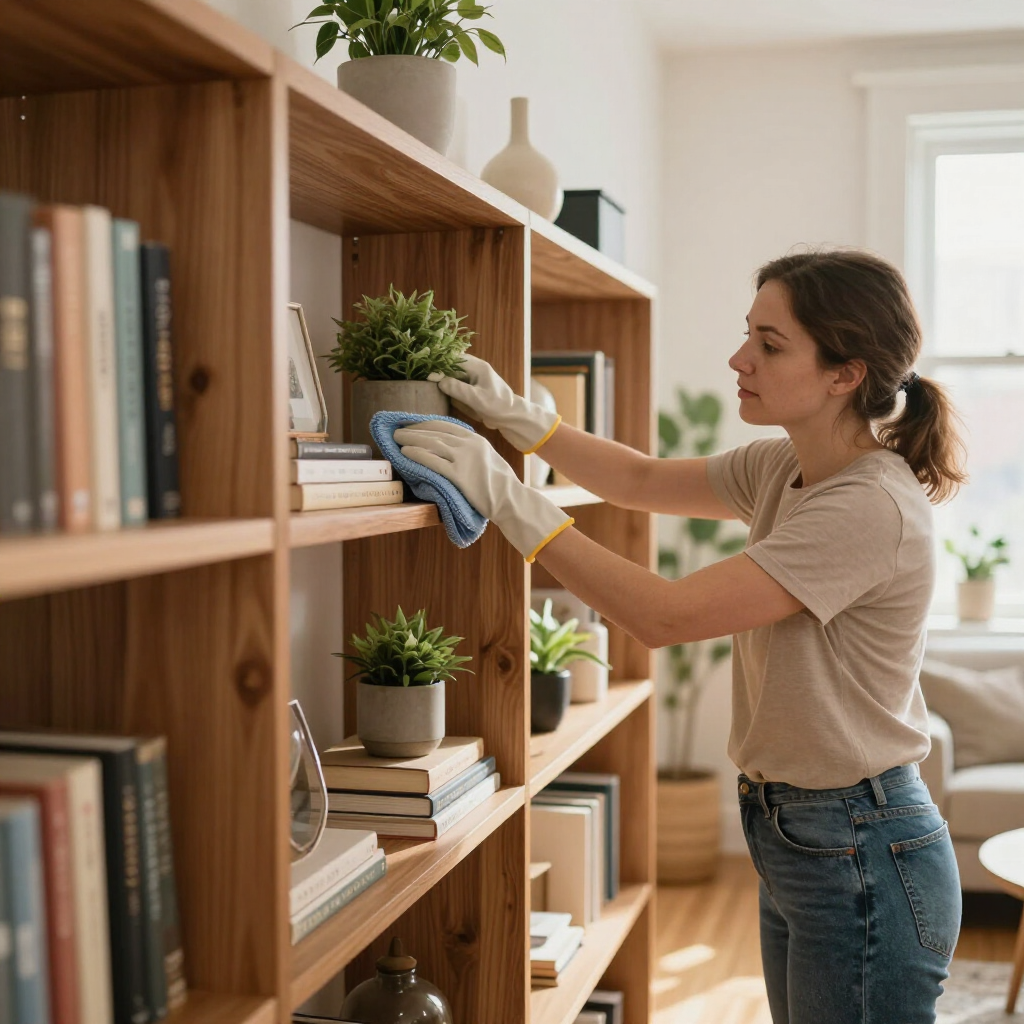 Woman dusting a wooden bookshelf in a sunlit room with plants and books