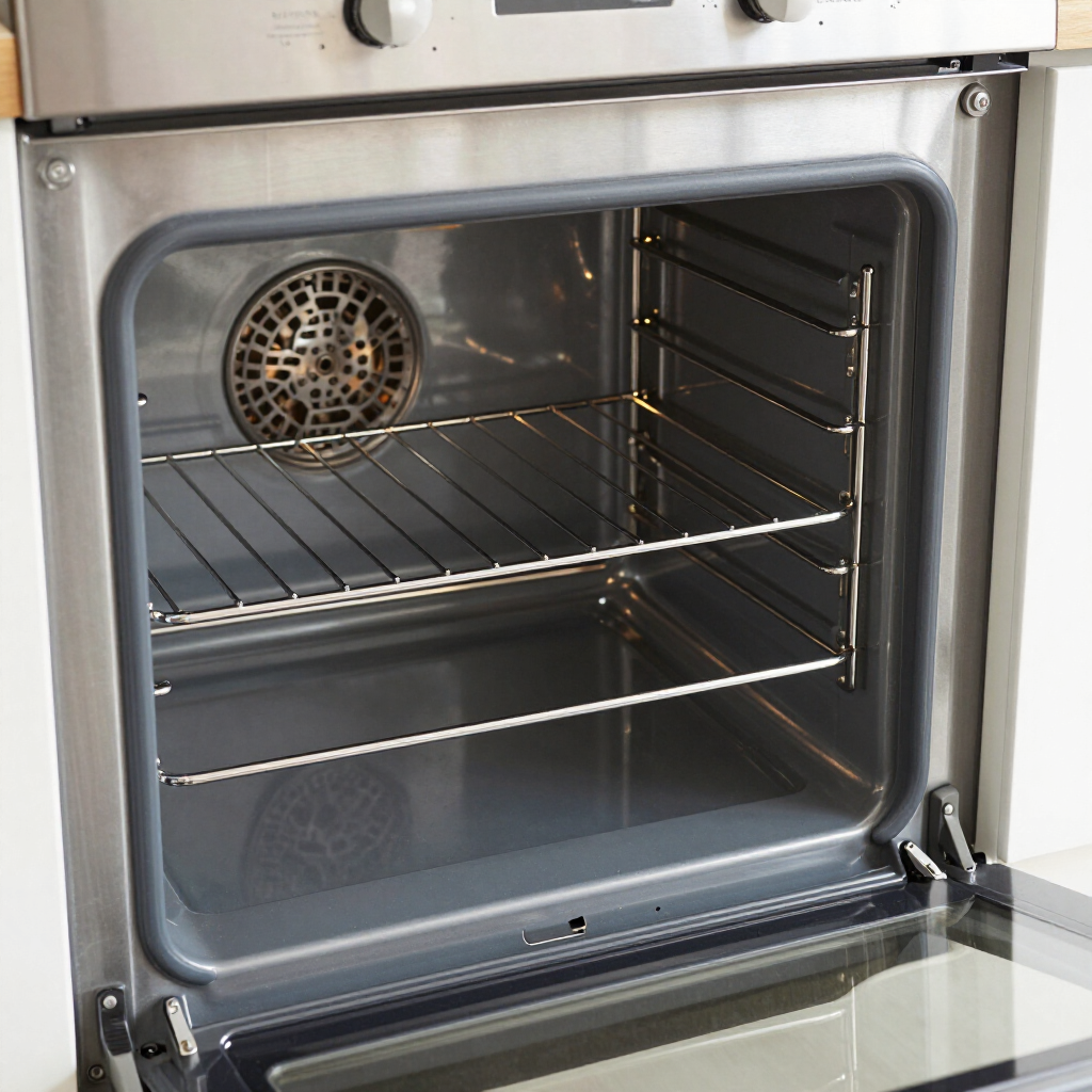 Stainless steel oven interior with empty racks and a rear fan