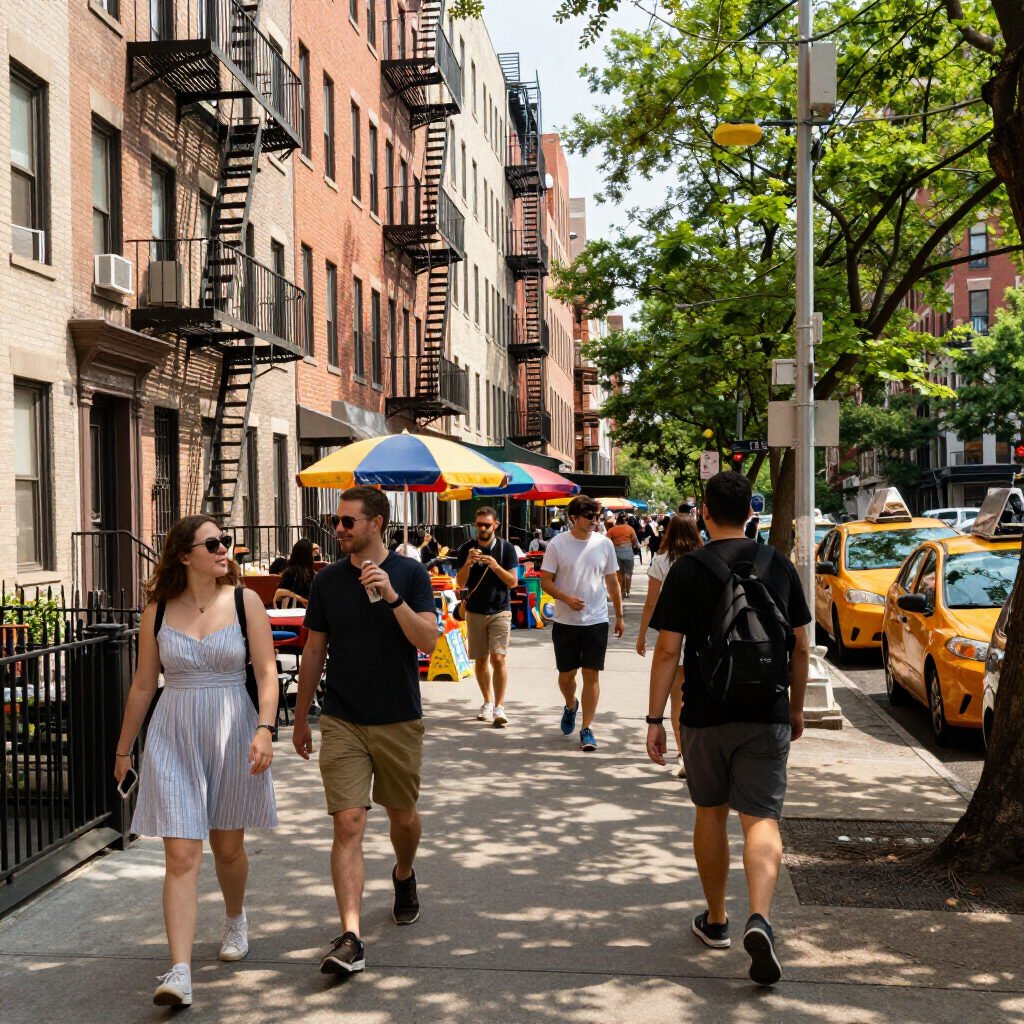 Sunny city sidewalk with pedestrians, brick buildings, trees, and yellow taxis passing by.