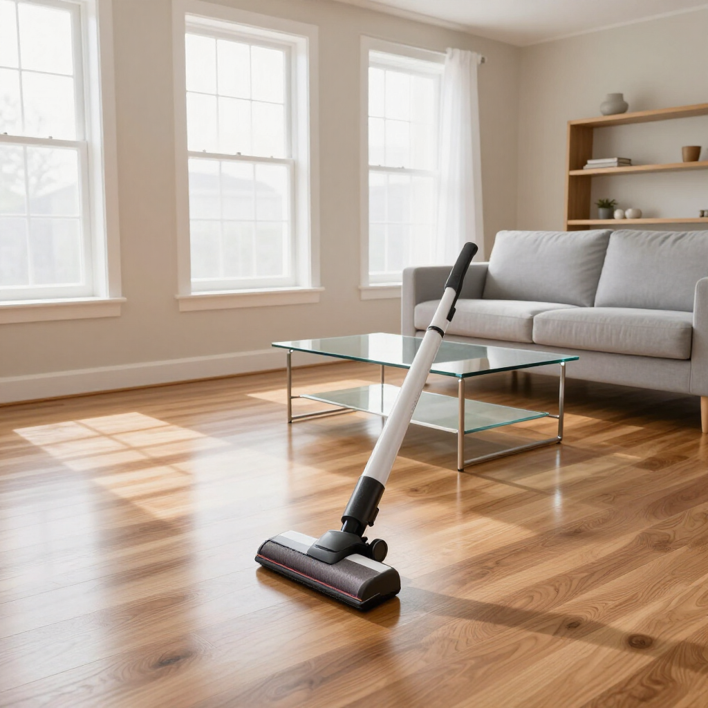 Vacuum cleaner on hardwood floor in a bright living room with a gray sofa and glass coffee table