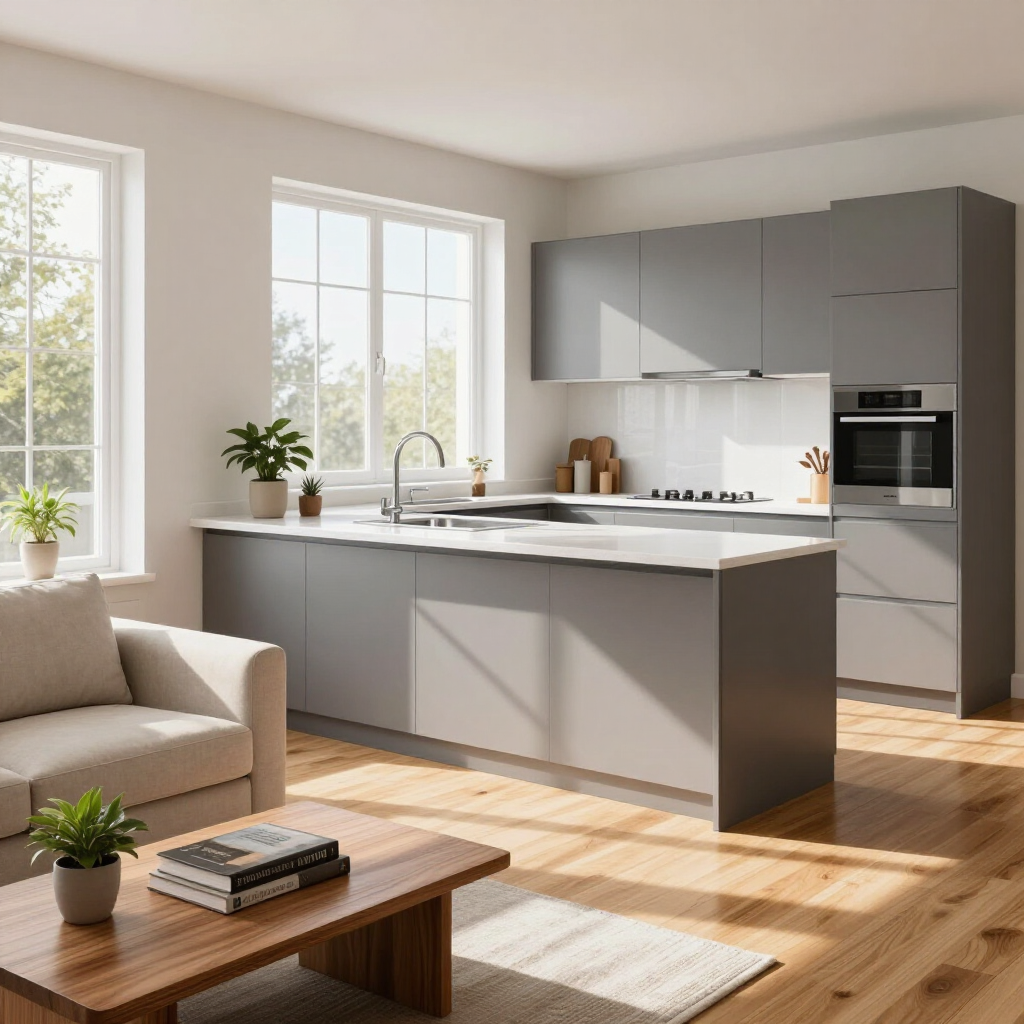 Bright modern kitchen with gray cabinets, island, sunlight, and a beige sofa in an open living area