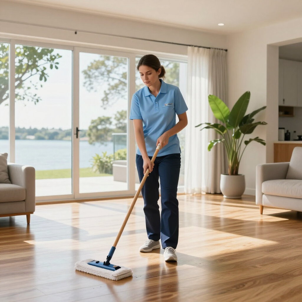 Person mopping a sunlit hardwood floor in a modern living room with large windows.