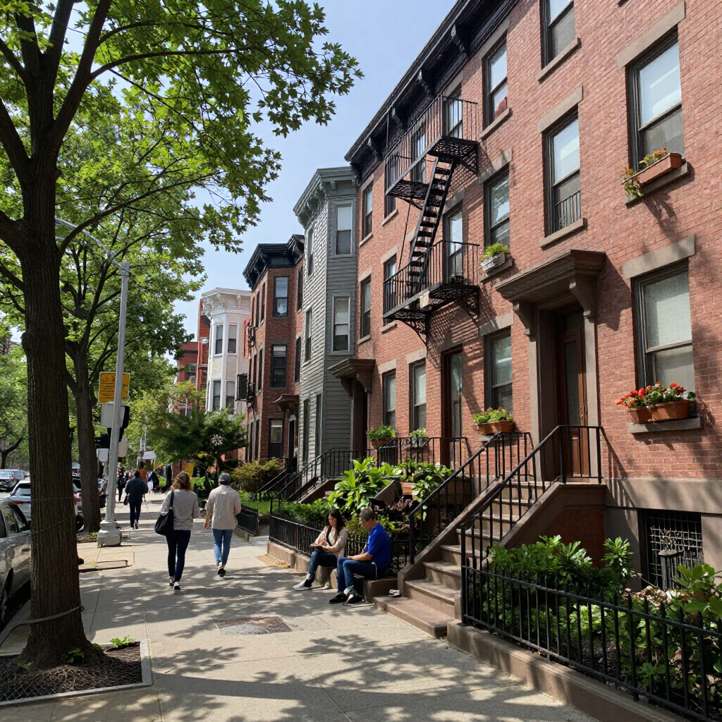 Sunny city sidewalk lined with brick brownstones, trees, and pedestrians walking past stoops and flower boxes