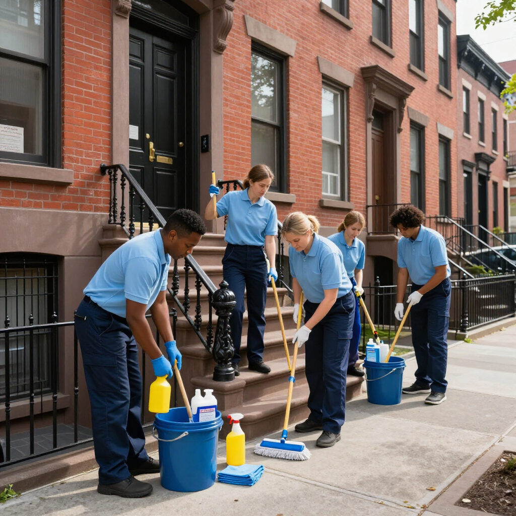 Four people cleaning a brick apartment sidewalk with mops, buckets, and supplies