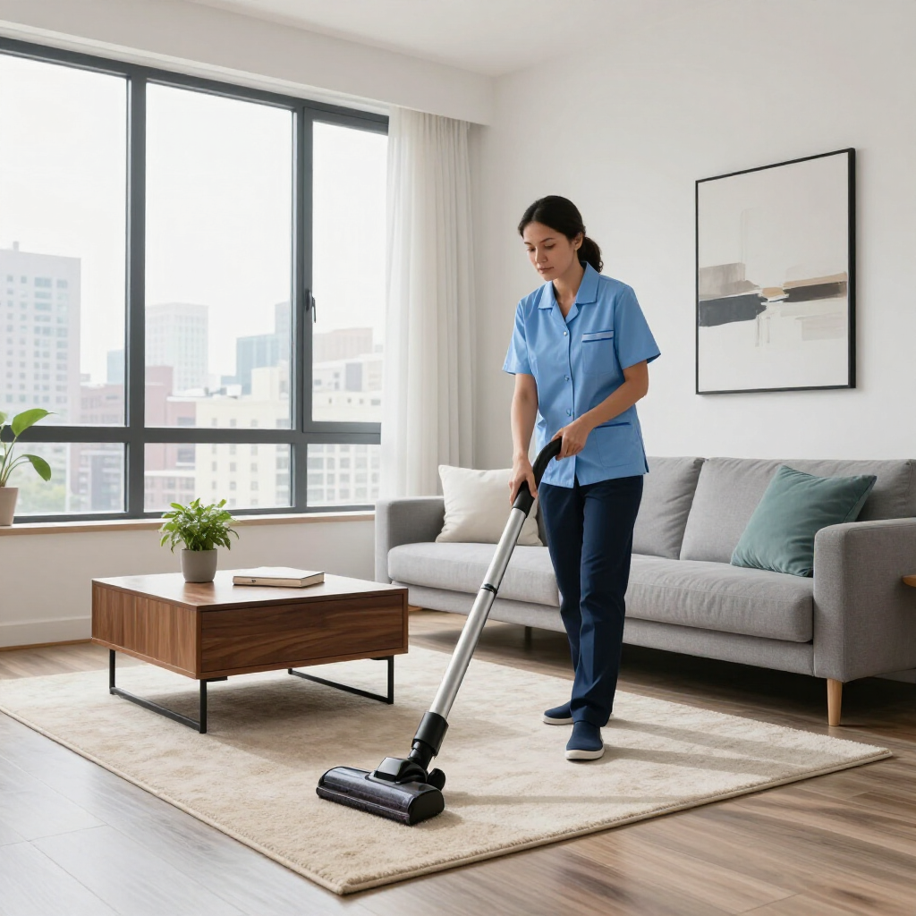 Woman vacuuming a bright living room with a gray sofa, coffee table, and large windows