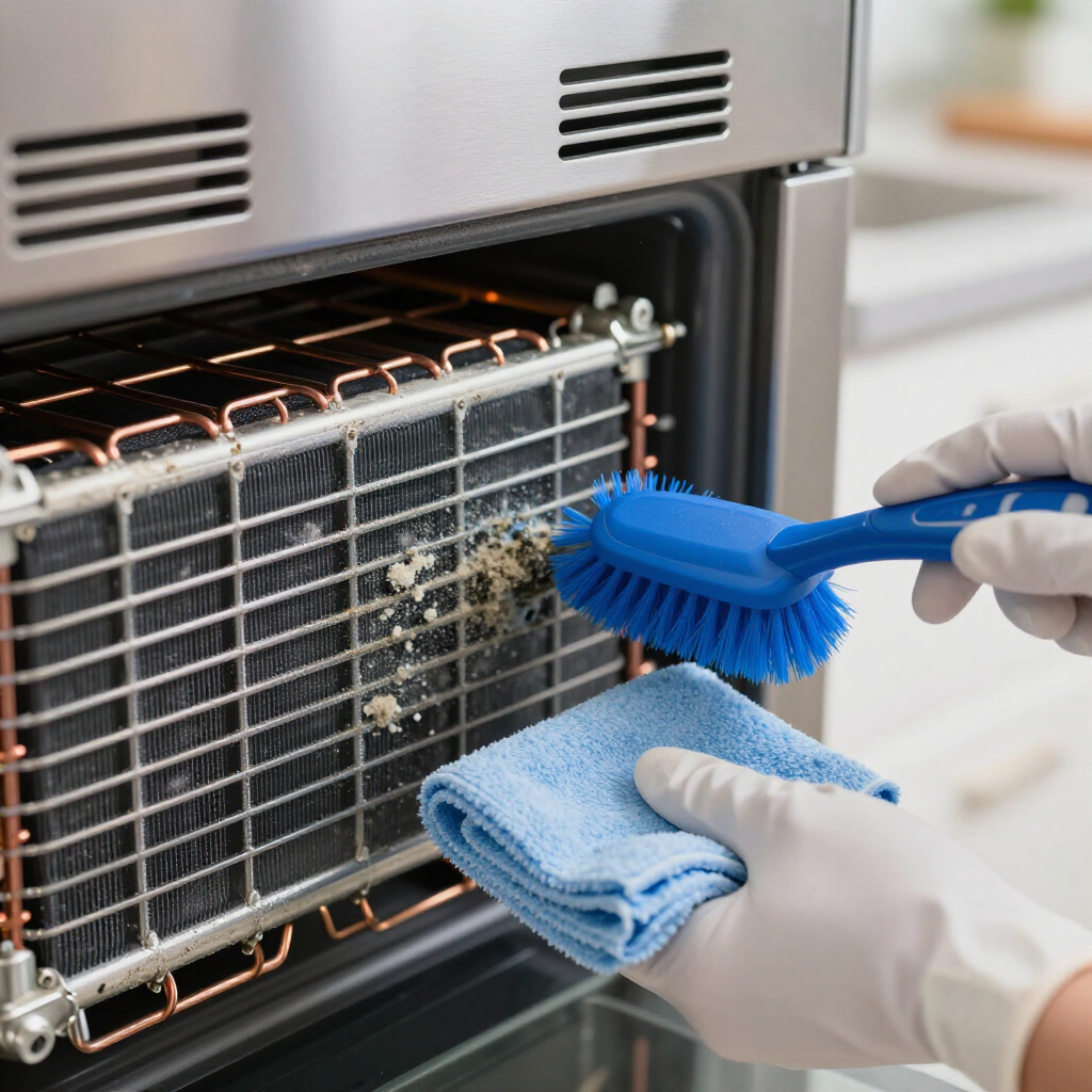 Gloved hands cleaning a toaster oven rack with a blue brush and cloth