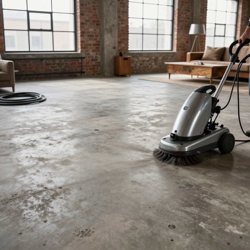 Floor buffer on a concrete floor in a loft-like room with large windows and exposed brick walls