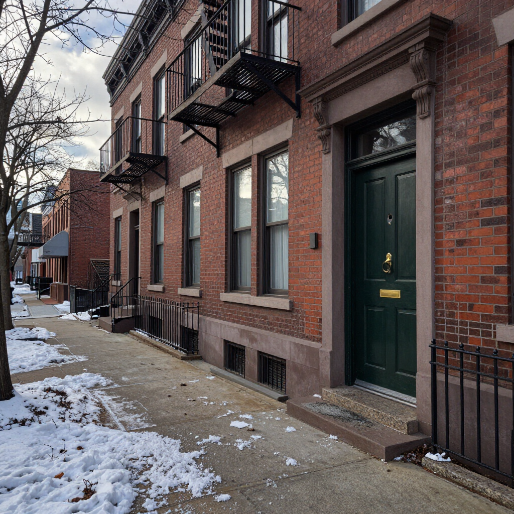 Brick row houses with black fire escapes along a snowy sidewalk in a city street