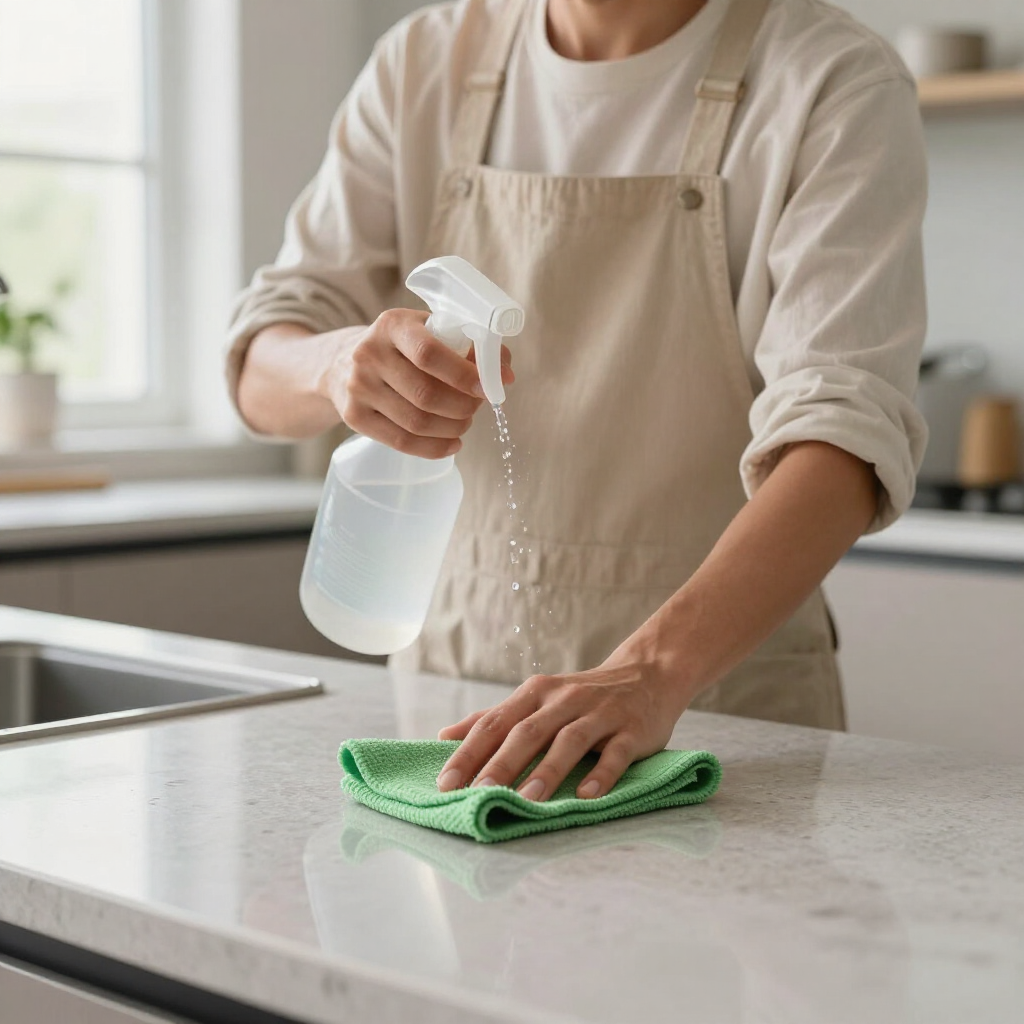 Person spraying cleaner on a kitchen countertop while wiping with a green cloth