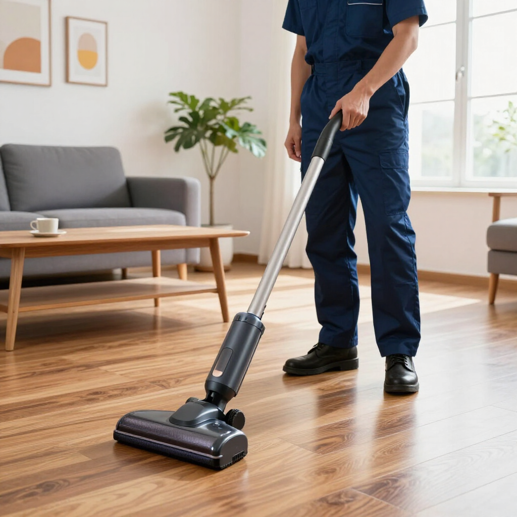 Person vacuuming a wooden living room floor with a cordless stick vacuum