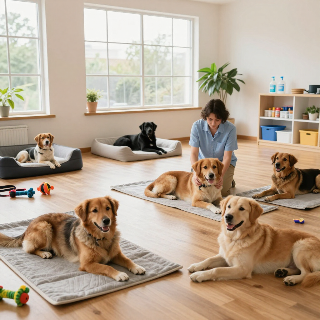 Dogs resting on mats in a bright room, with a person kneeling among them.