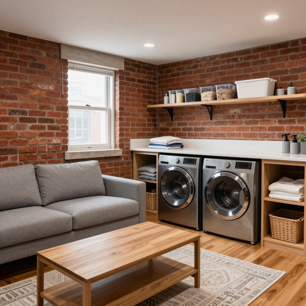 Basement laundry room with gray sofa, wood table, brick walls, shelves, and front-loading washer and dryer