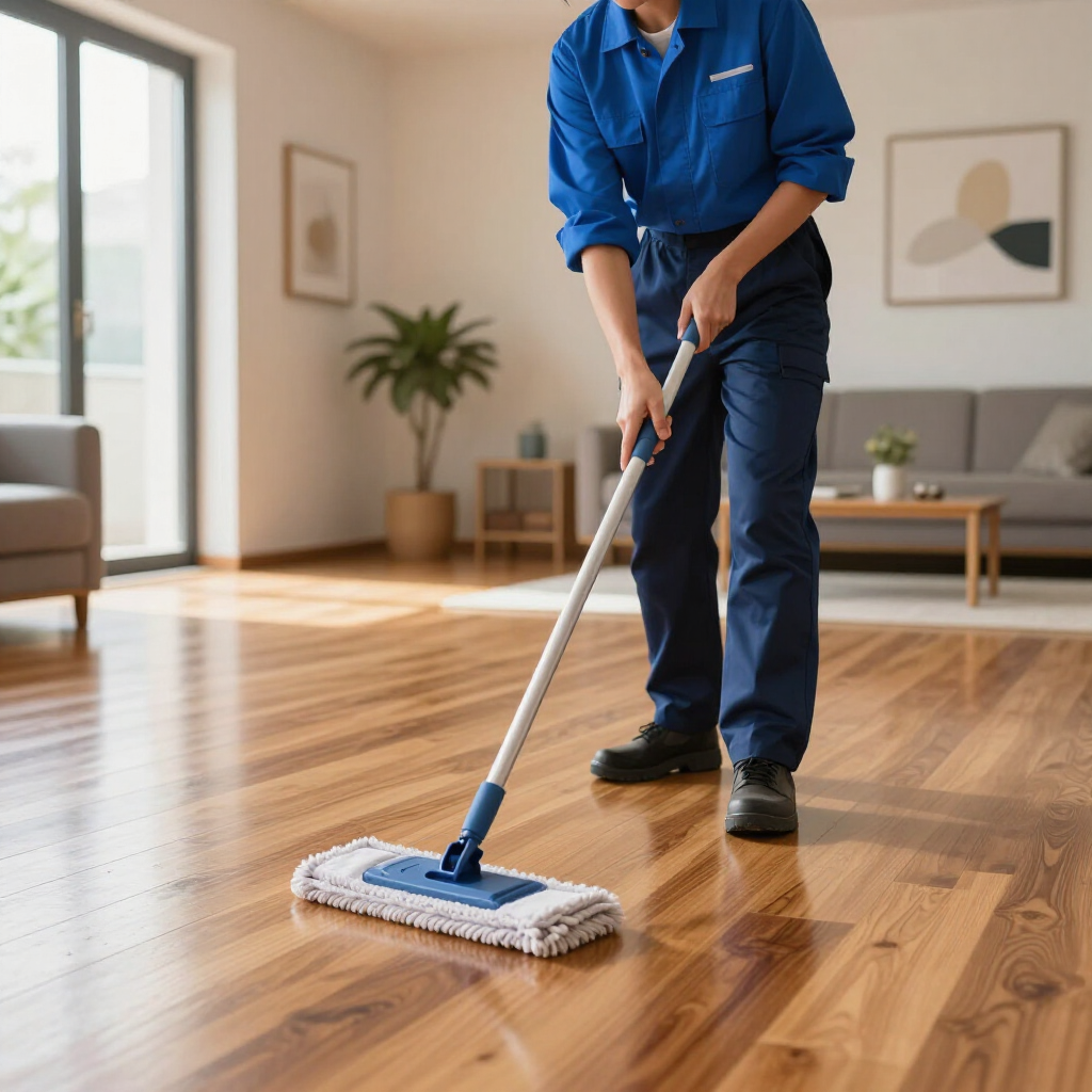 Person mopping a polished wooden floor in a bright living room