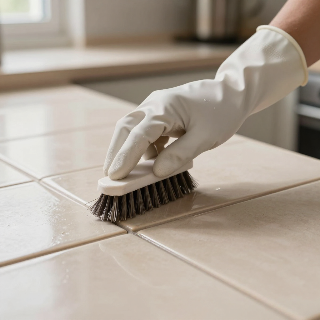 Gloved hand scrubbing beige tile floor with a brush