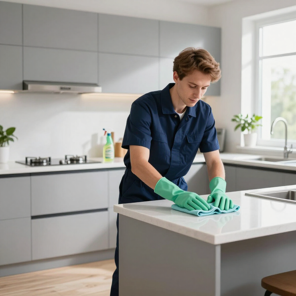 Person in green gloves wiping a white kitchen countertop in a bright modern kitchen