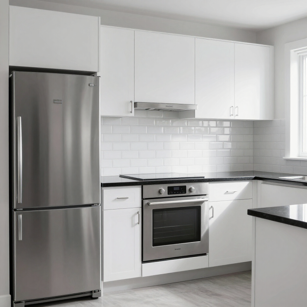 Modern white kitchen with stainless steel refrigerator, oven, and black countertops