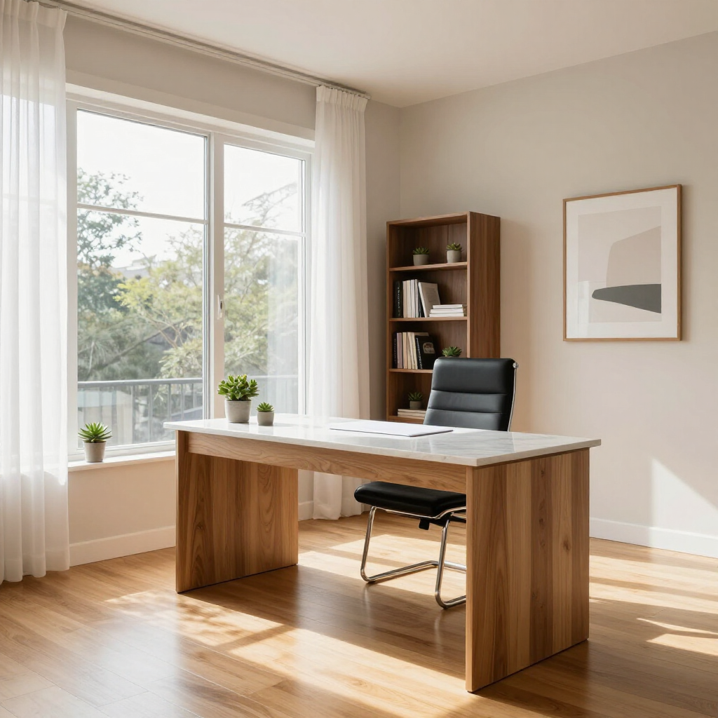 Bright home office with wooden desk, black chair, window light, bookshelf, and framed art.