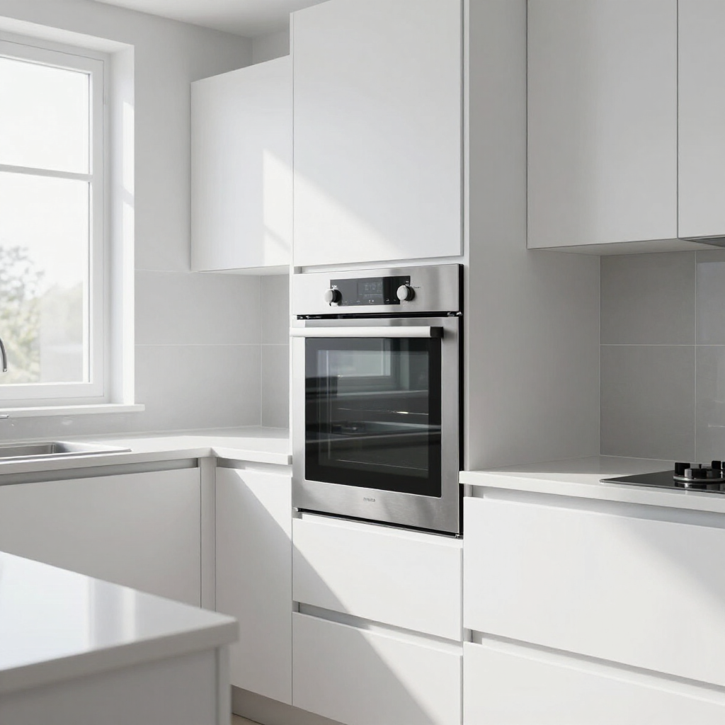 Bright white modern kitchen with built-in oven and sunlit window