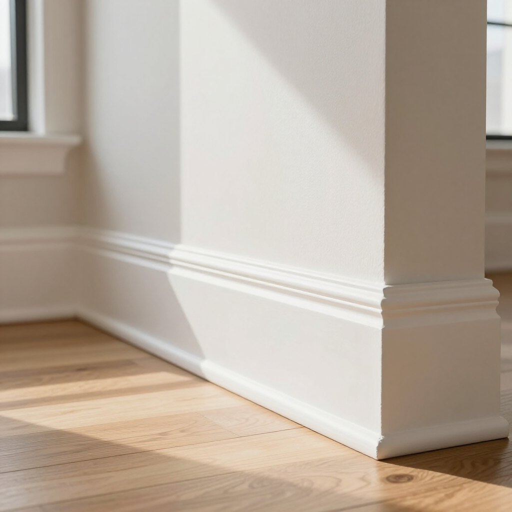 Sunlit corner of a white wall with baseboard above a hardwood floor