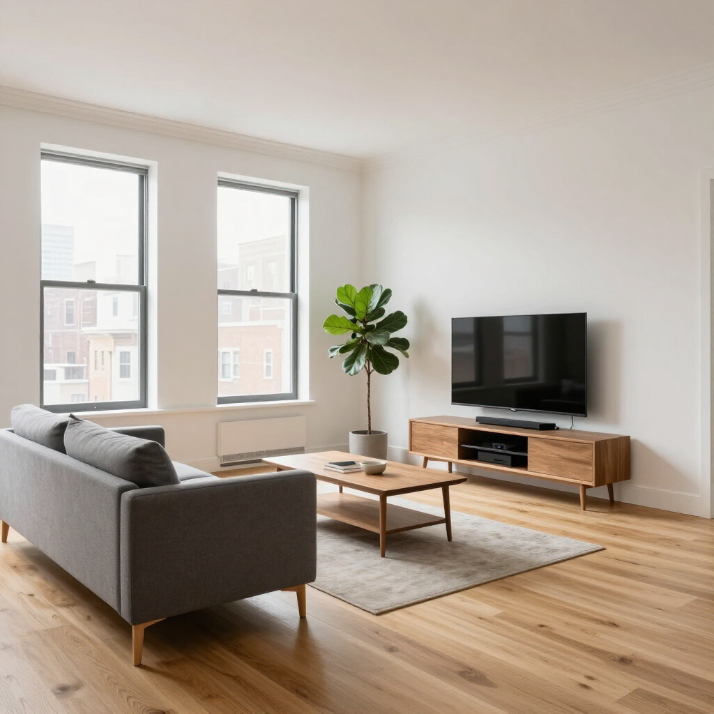 Bright modern living room with gray sofa, TV on wooden stand, coffee table, plant, and large windows.