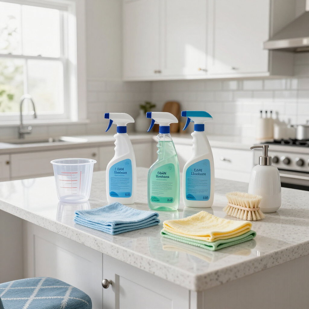 Cleaning supplies and cloths arranged on a bright kitchen island with white cabinets and sink in the background