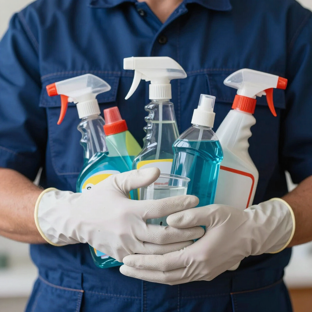 Gloved cleaner holding several spray bottles and cleaning supplies against a blue uniform background