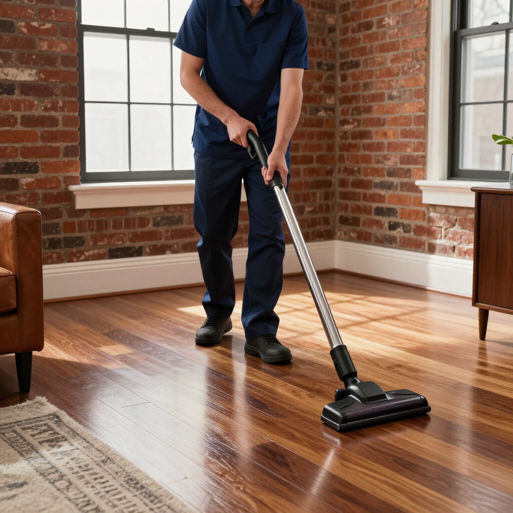 Person vacuuming a hardwood floor in a sunlit brick-walled room