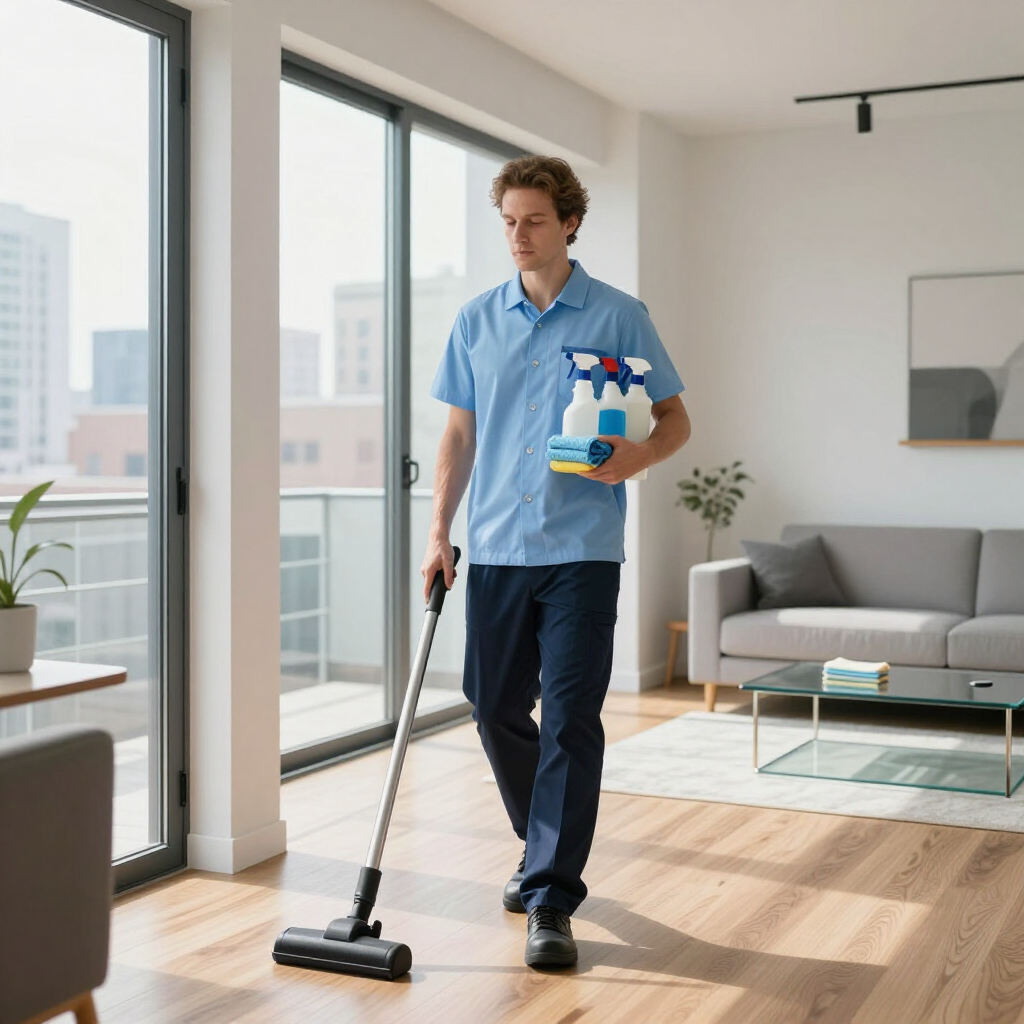 Man vacuuming a bright modern living room while holding a cleaning spray bottle