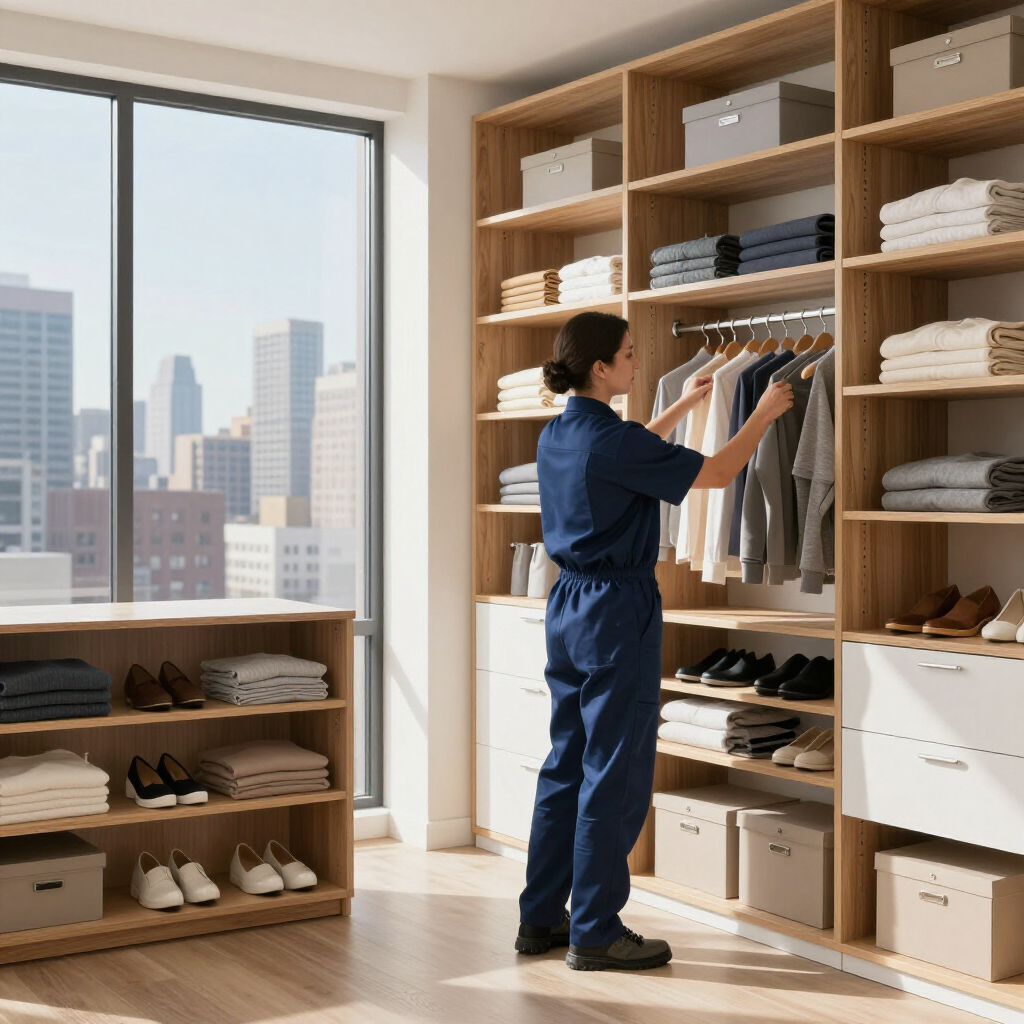 Person in blue workwear arranging clothes in a bright retail stockroom with shelves and a city view.