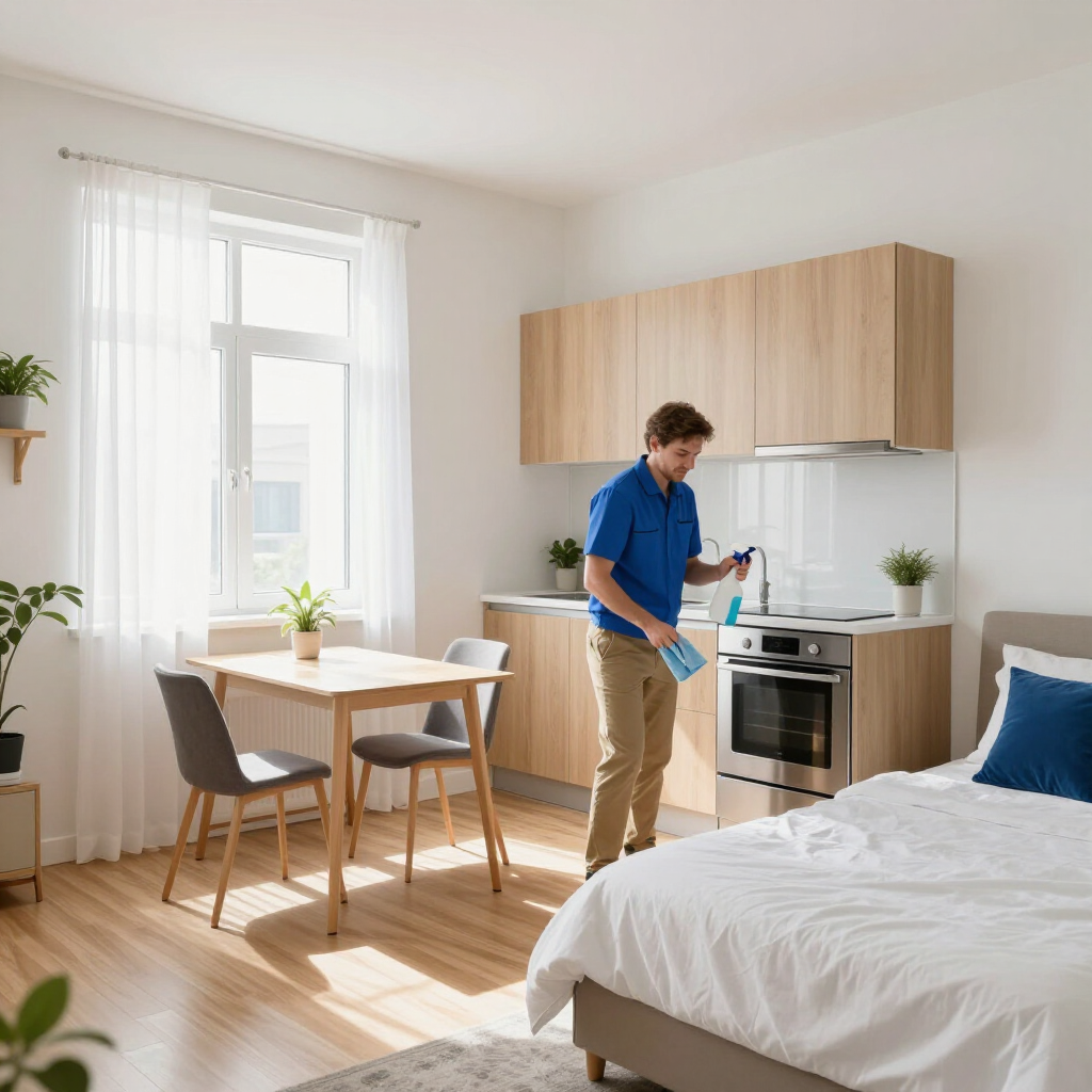 Person in a bright studio apartment standing by a kitchenette beside a bed and dining table