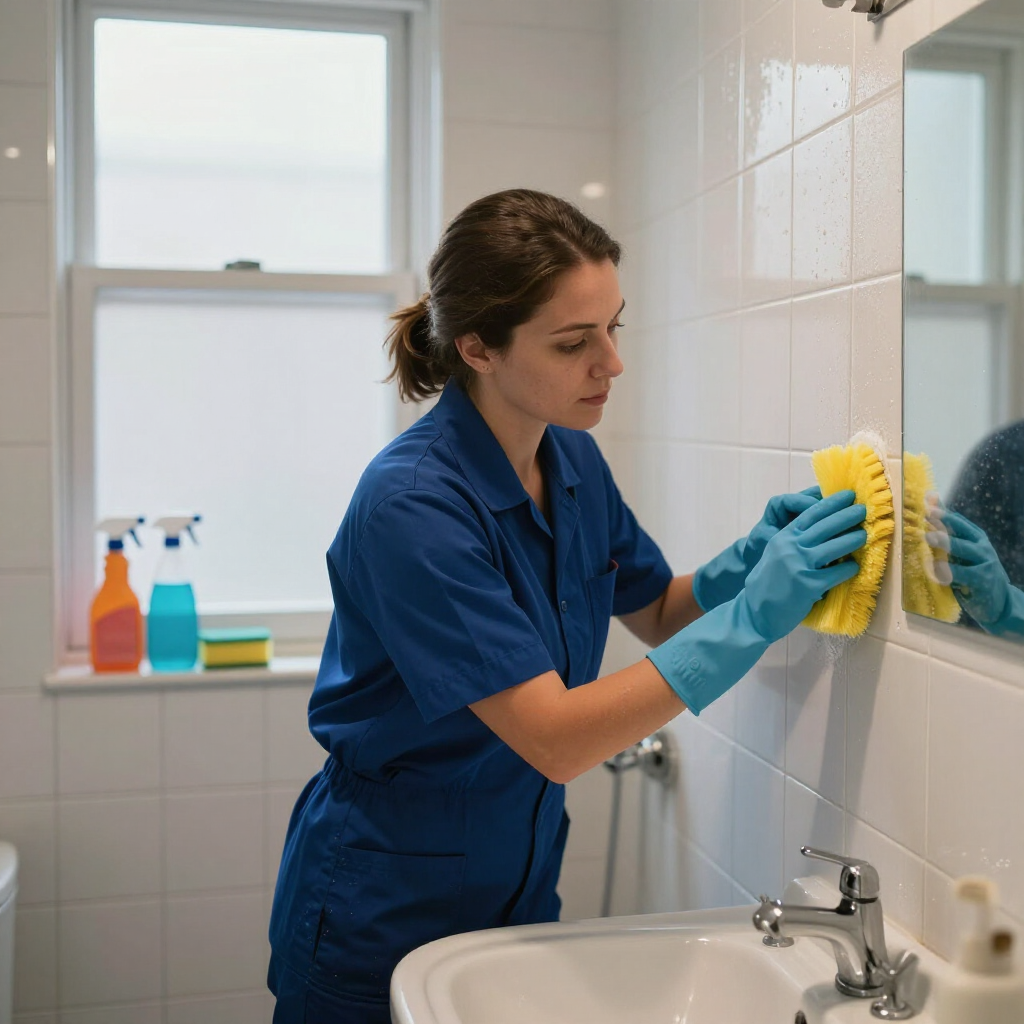 Cleaner in blue uniform scrubbing bathroom tiles with a yellow sponge beside a sink and window.