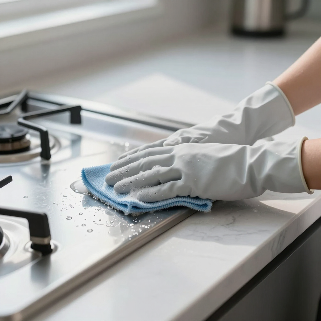 Gloved hands wiping a stainless-steel kitchen counter with a blue cloth near a gas stove.