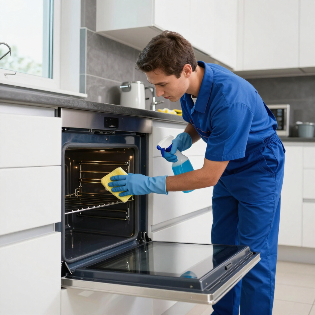 Technician in blue uniform cleaning an open oven in a modern kitchen with a yellow sponge.