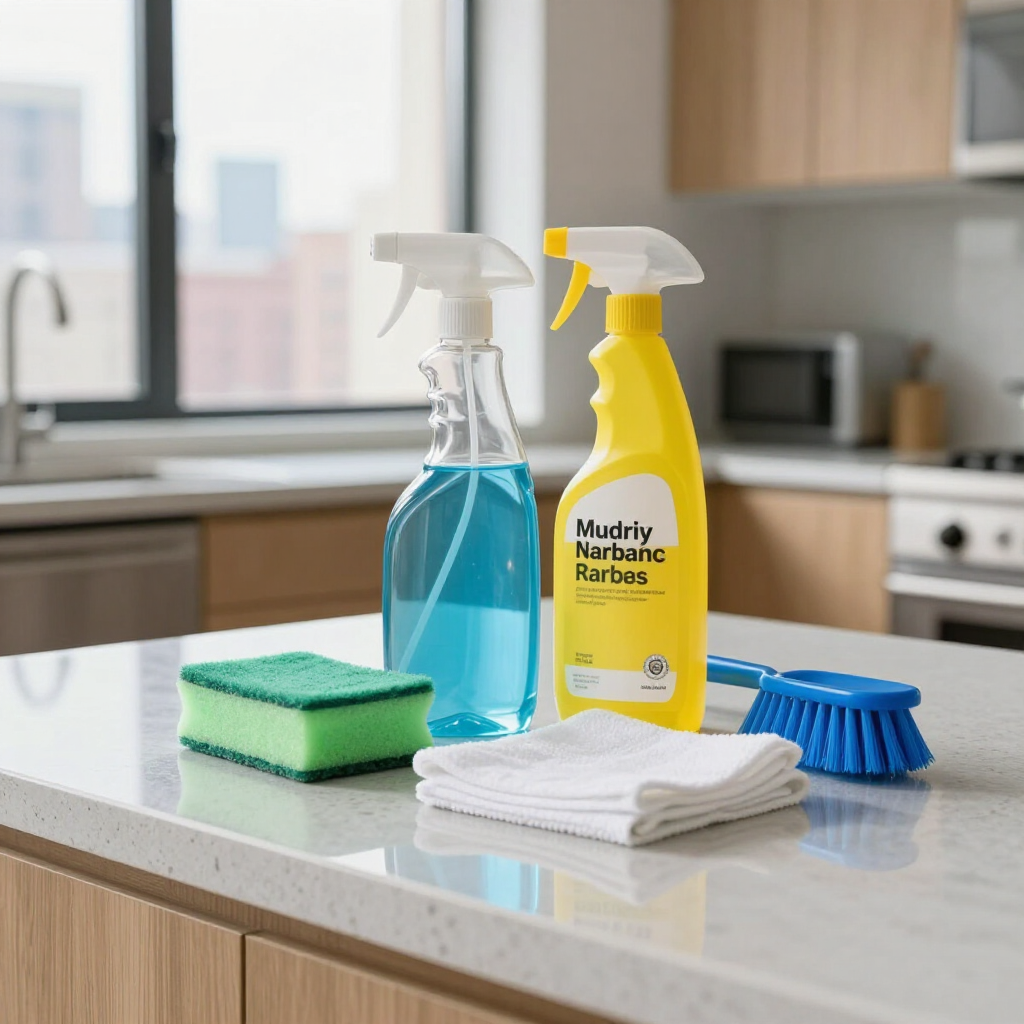 Cleaning supplies on a kitchen counter: spray bottles, sponges, cloths, and a scrub brush.