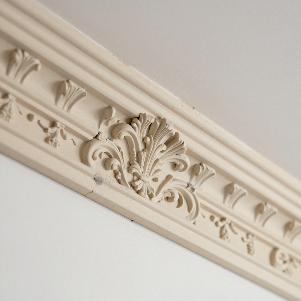 Ornate cream-colored ceiling molding with carved floral detail along a wall corner