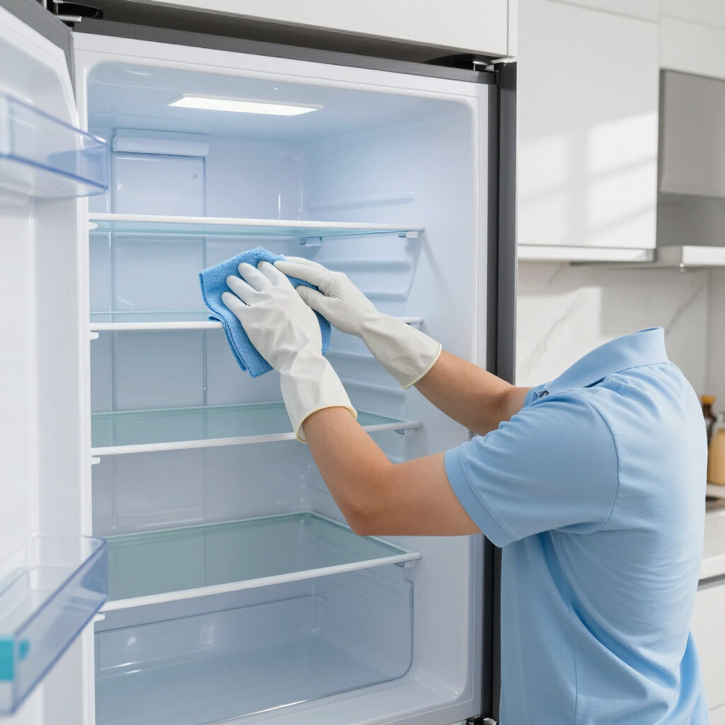 Person in blue uniform cleaning the inside of an open refrigerator with a cloth and gloves