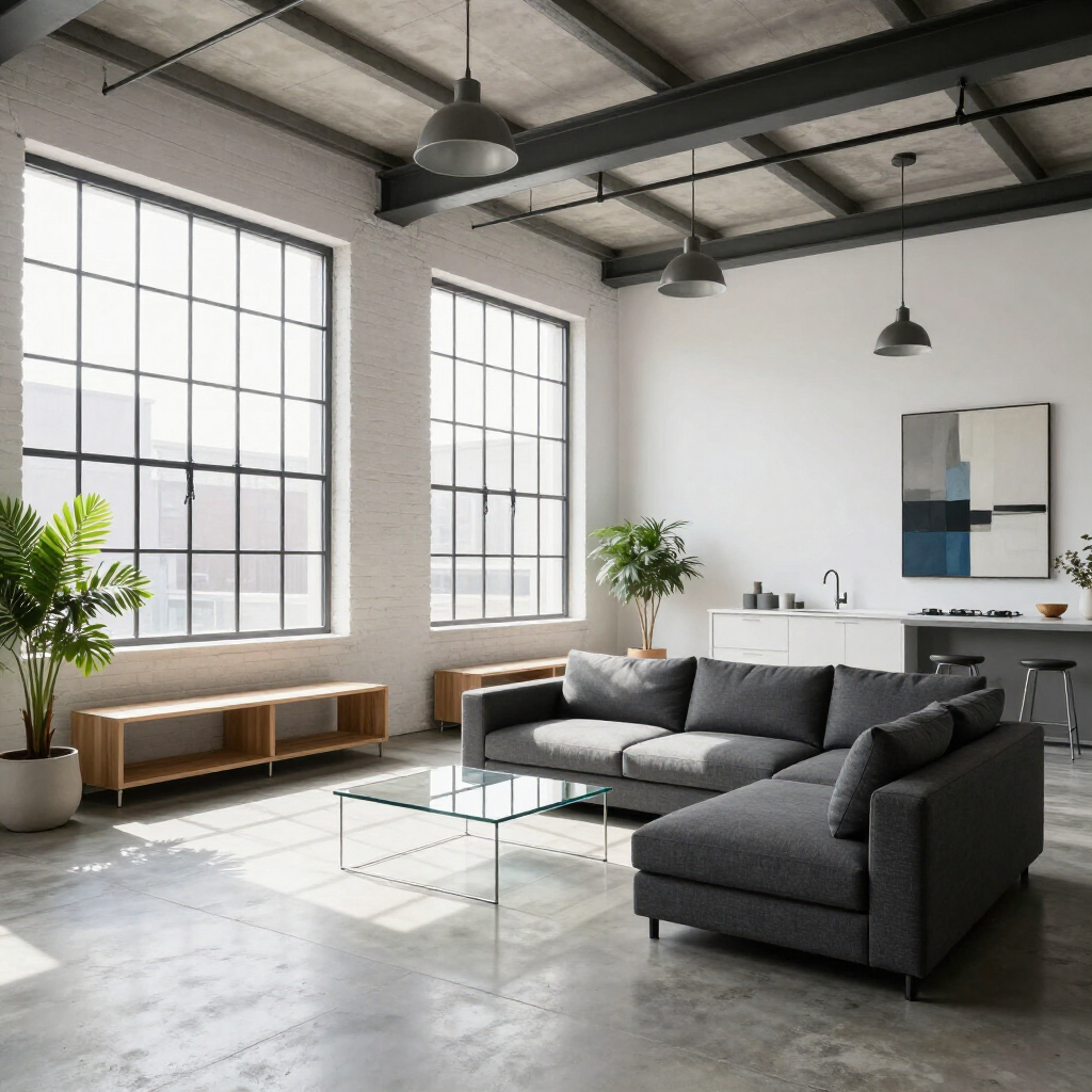 Modern living room with gray sectional sofa, large windows, plants, and exposed ceiling beams