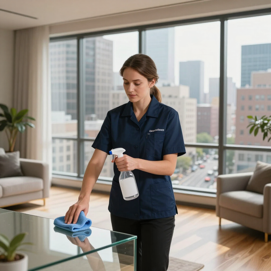 Cleaner wiping a glass table with spray in a bright office lounge with city windows