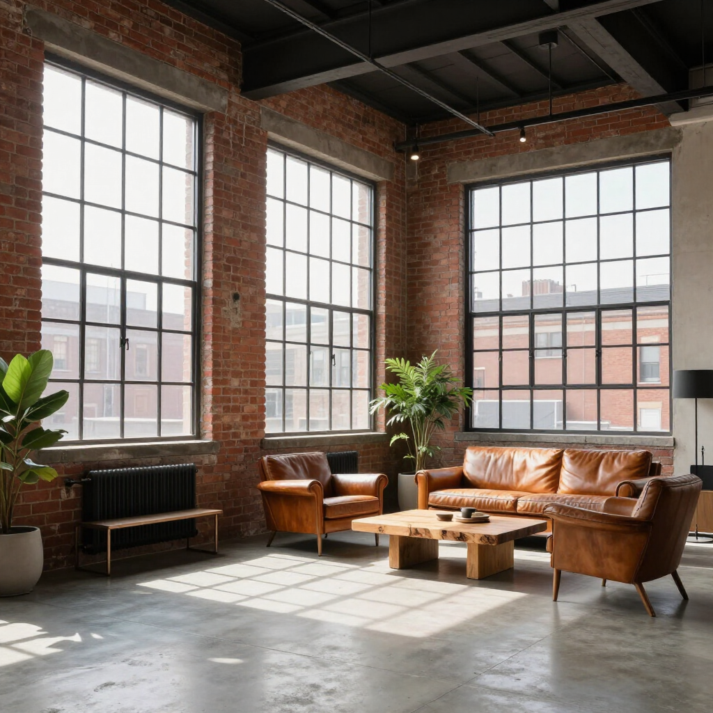 Loft living room with large windows, exposed brick, leather sofa, armchairs, plants, and wooden coffee tables.