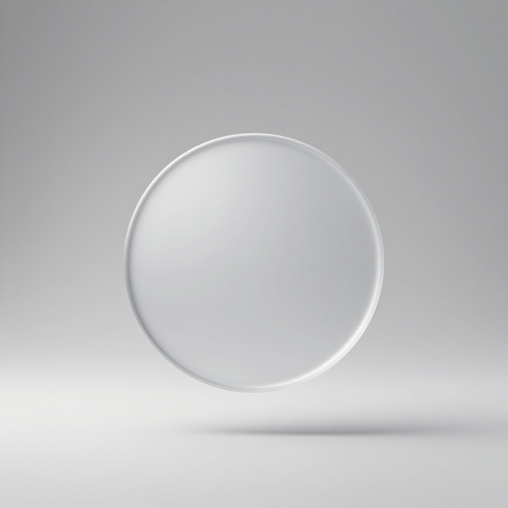 Minimalist transparent glass disc floating on a light gray background with a soft shadow