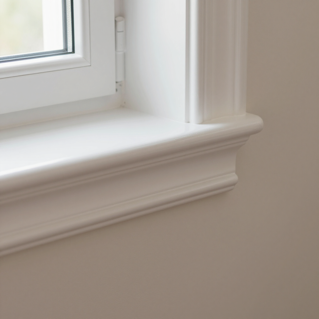 White window frame and sill with decorative molding against a beige wall