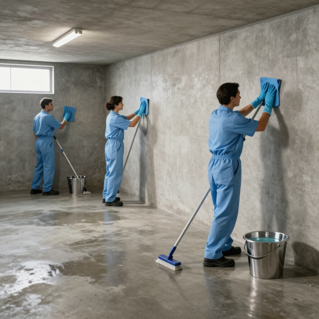 Three people in blue coveralls clean a concrete wall in a bare room with mops and buckets.