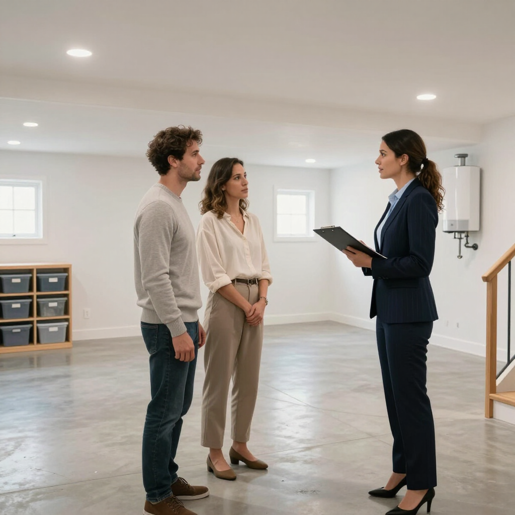 Three people in an empty room, two facing a realtor holding a clipboard.