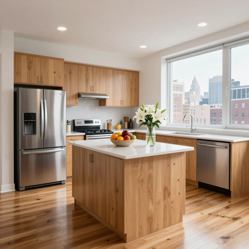 Bright modern kitchen with stainless steel appliances, wood cabinets, island, and large window overlooking a city view