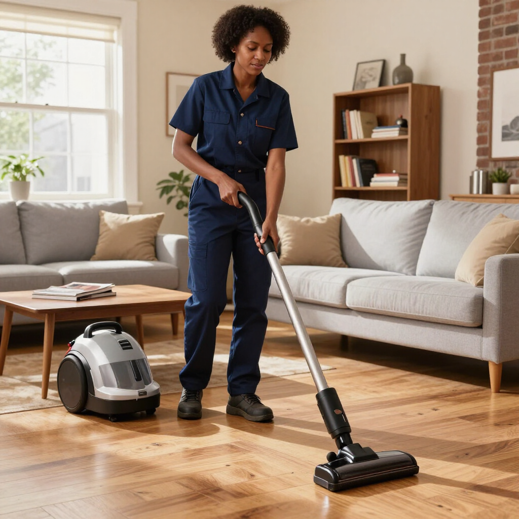Person vacuuming a hardwood living room with a canister vacuum beside a sofa and coffee table