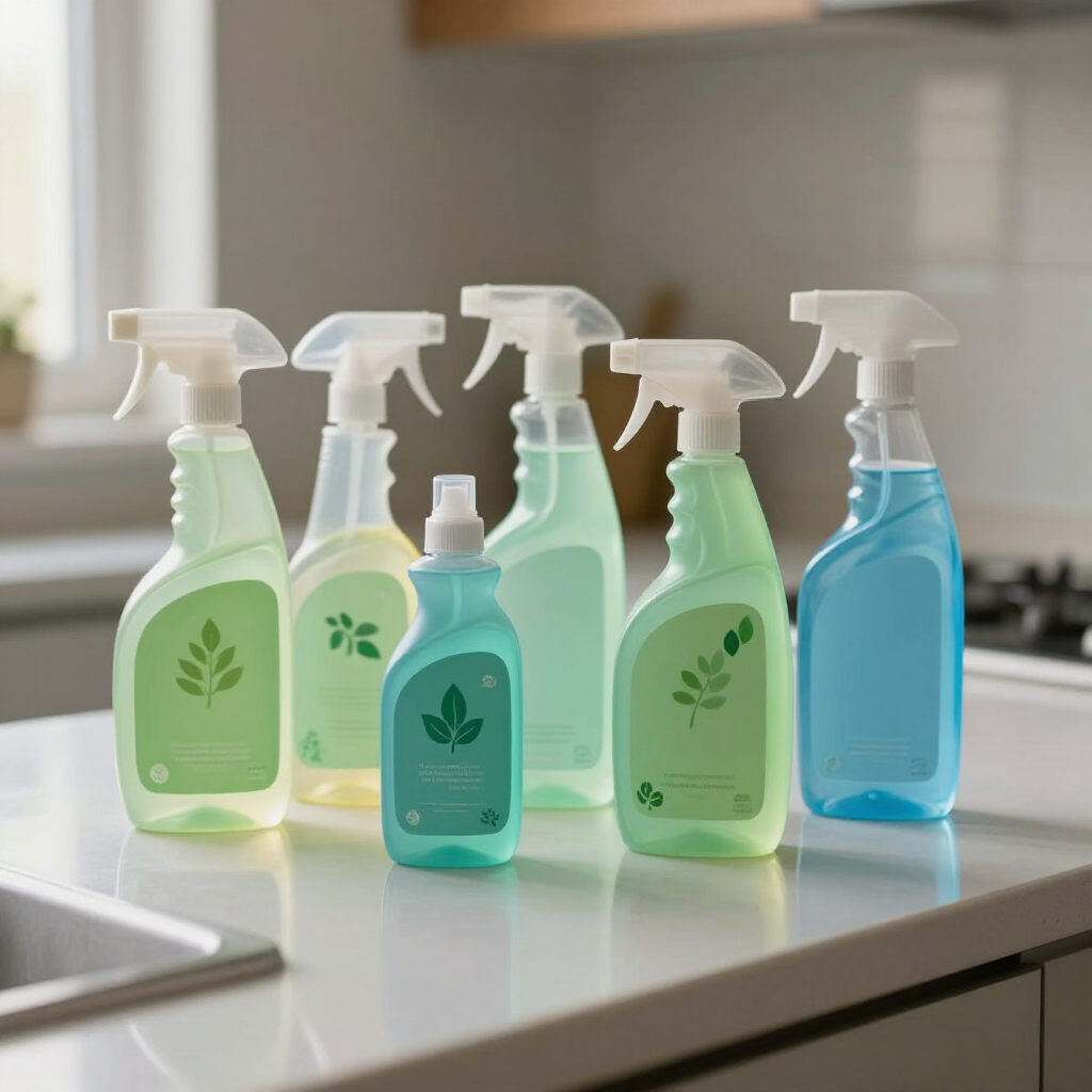 Assorted green and blue spray cleaning bottles on a kitchen counter by a sink