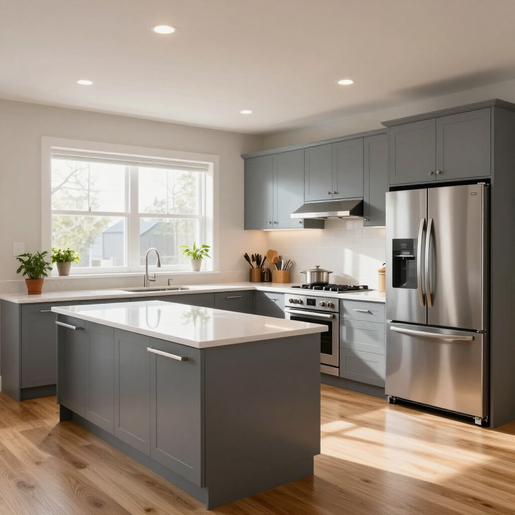 Modern kitchen with gray cabinets, stainless appliances, island, and sunlight through a window